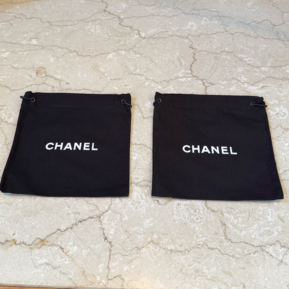 Chanel Small Black Drawstring Gift Pouch / Bag / Dust bag Lot Of 2, 6.5x6.5”